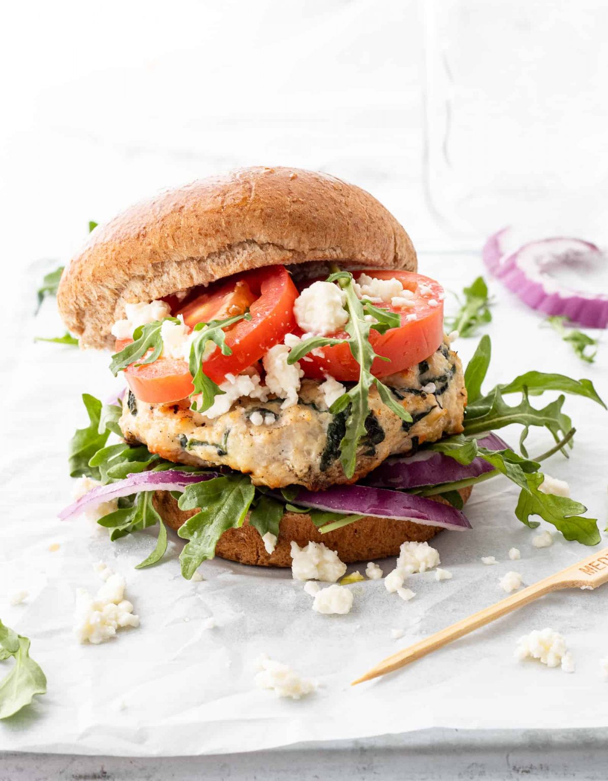 Healthy Ground Chicken Feta Burgers with Spinach