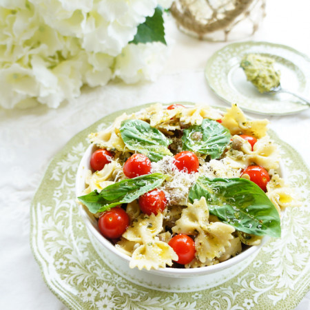 Bowl of lentil pesto pasta salad