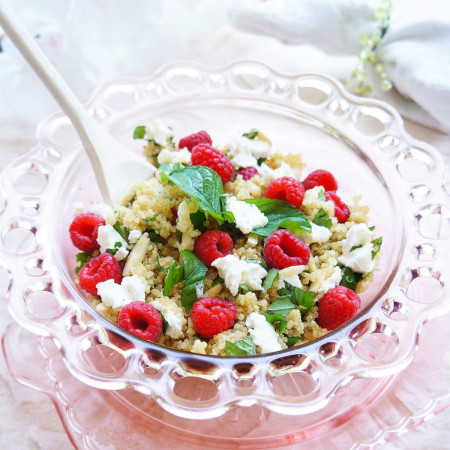 Closeup of raspberry quinoa salad