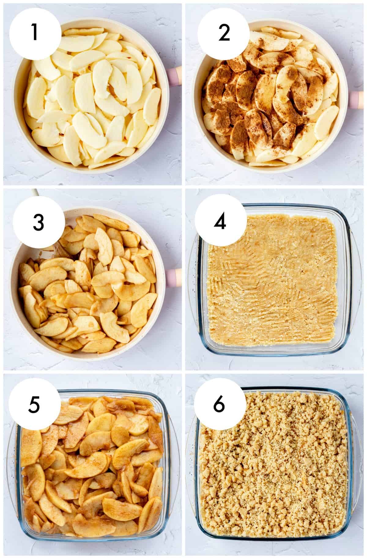 Step by step photos for making no bake apple crumble with numbers.