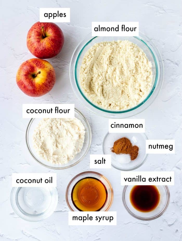 ingredients required for healthy apple crumble on grey background