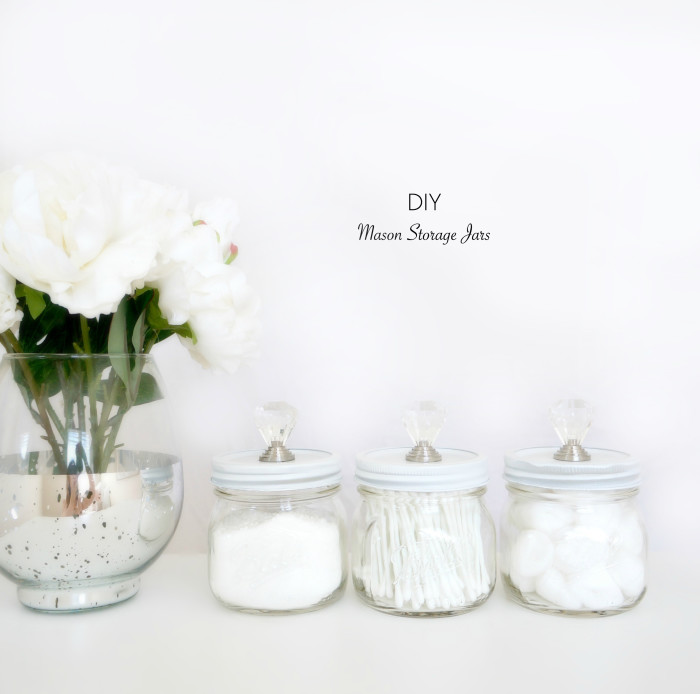 Line of jars and a vase of flowers with text: DIY Mason Storage Jars
