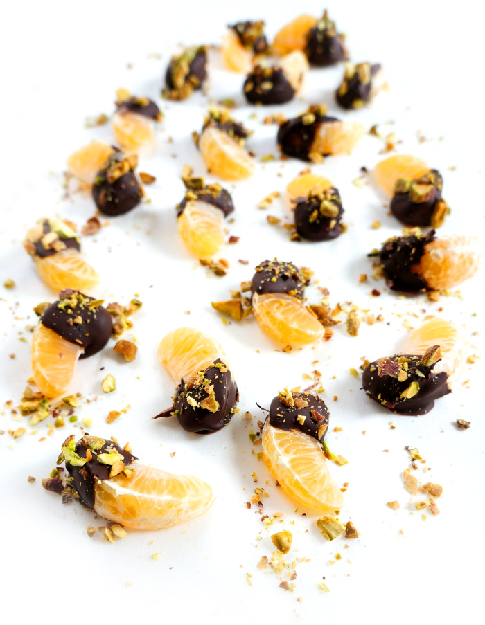 Chocolate Dipped Clementines with Chopped Pistachios