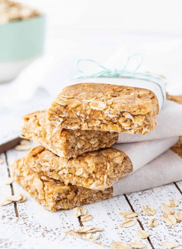 stack of no-bake peanut butter protein bars