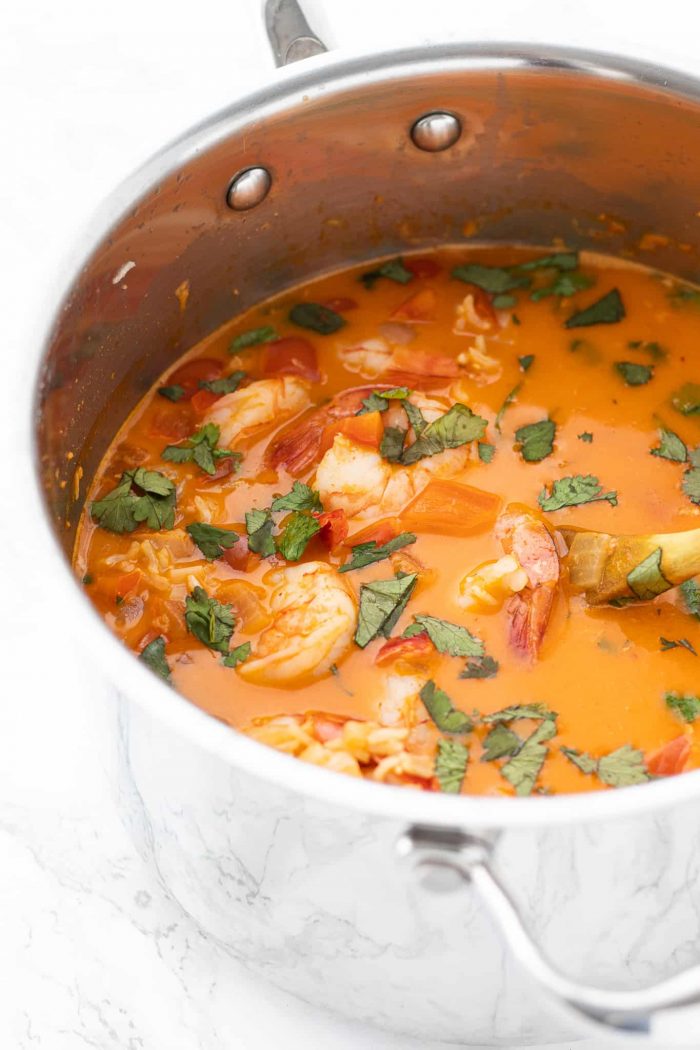 shrimp soup in saucepan