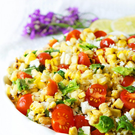 Grilled Corn, Tomato & Avocado Salad with a Honey Lime Dressing