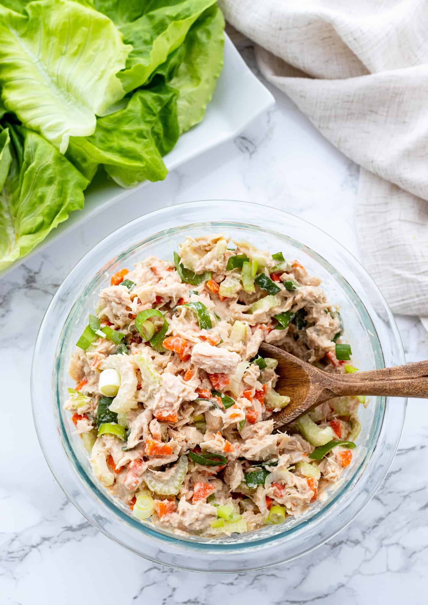 no-mayo tuna salad in bowl with lettuce wraps