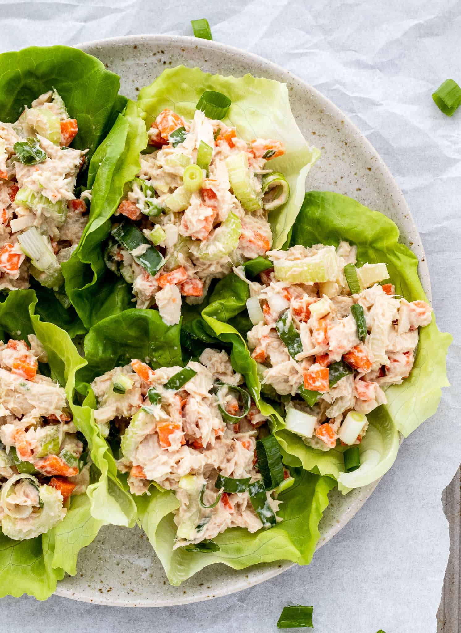 tuna salad in lettuce cups on plate