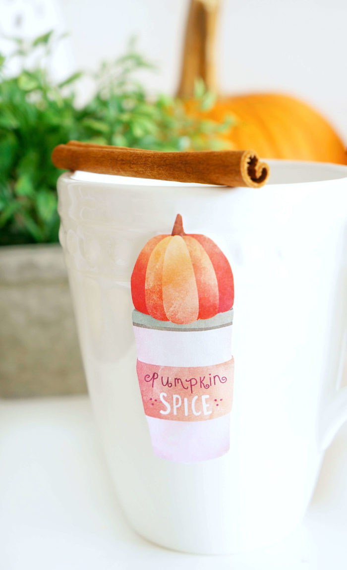 Closeup of a white mug decorated with a pumpkin and pumpkin spice mug with a cinnamon stick on top