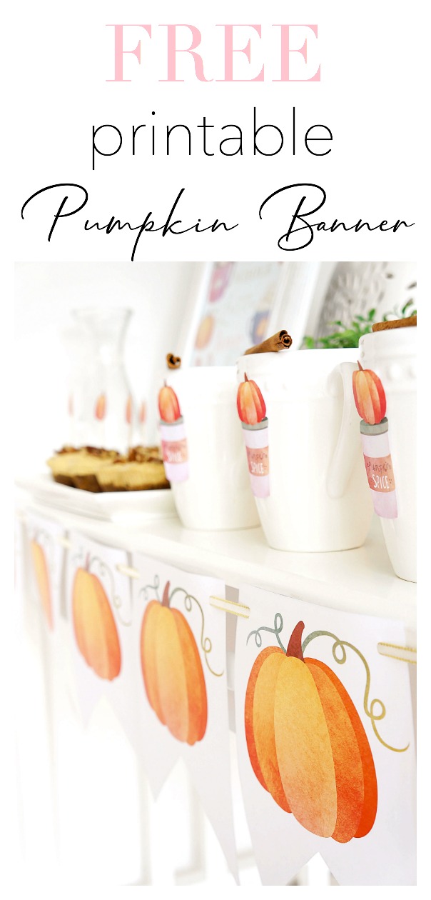 Side view of a pumpkin banner hanging from a table with text: Free Printable Pumpkin Banner