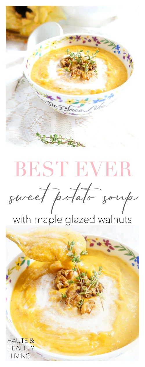 Roasted Sweet Potato Soup with Maple Glazed Walnuts