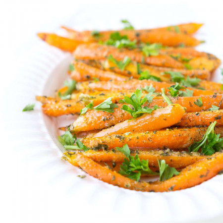 Serving plate of Roasted Ranch Carrots