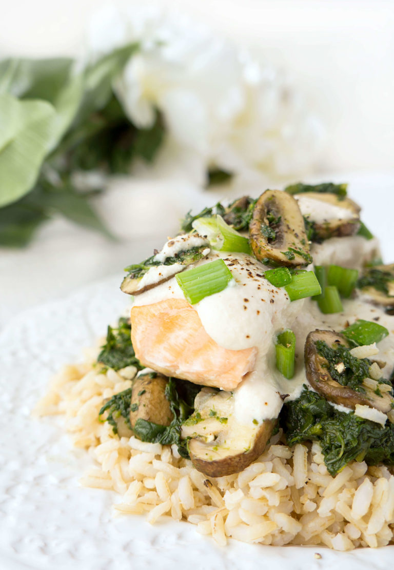 Creamy DairyFree Salmon Florentine Haute & Healthy Living