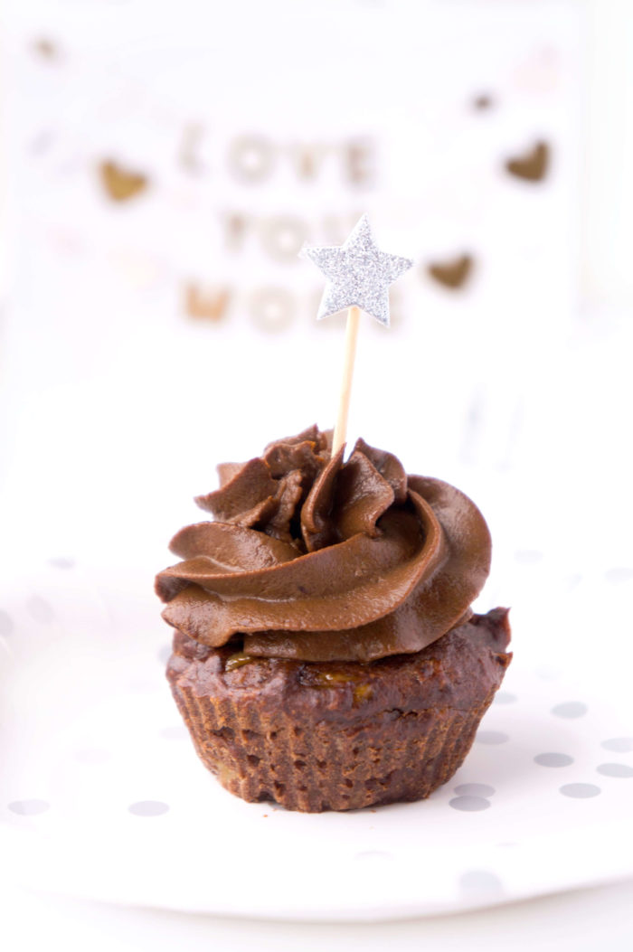 Close up of a No-Sugar Added Chocolate Brownie Cupcake decorated with a sparkly, silver star