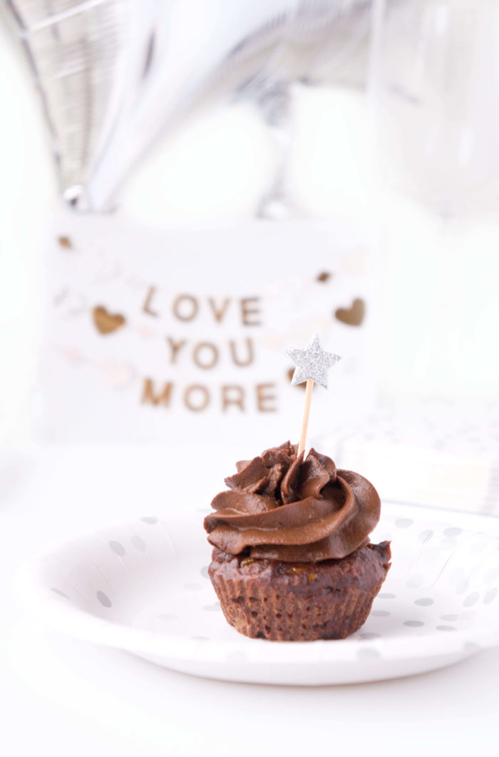 No-Sugar Added Chocolate Brownie Cupcake decorated with a sparkly silver star toothpick