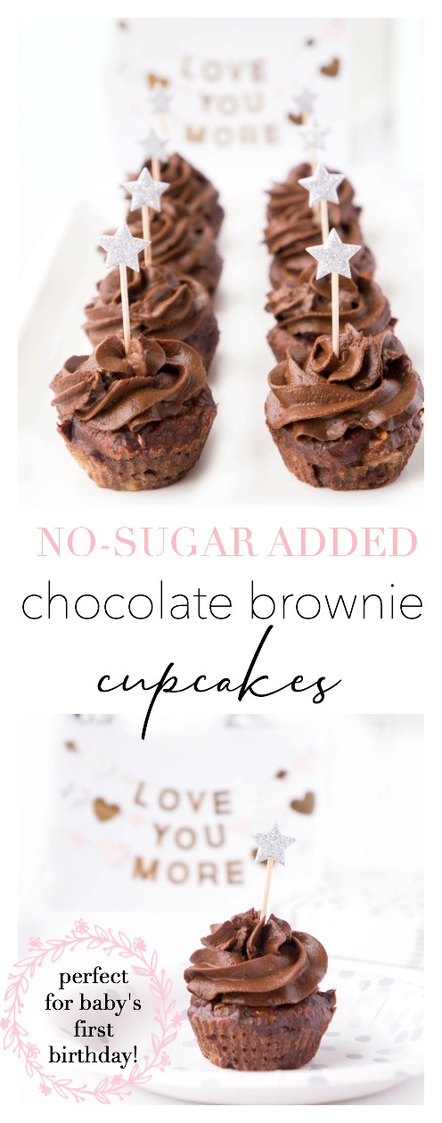 Collage and text: No-Sugar Added Chocolate Brownie Cupcakes, perfect for baby\'s first birthday!