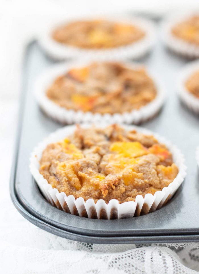Closeup of Gluten-free Peach Vanilla Muffins in paper muffin tins