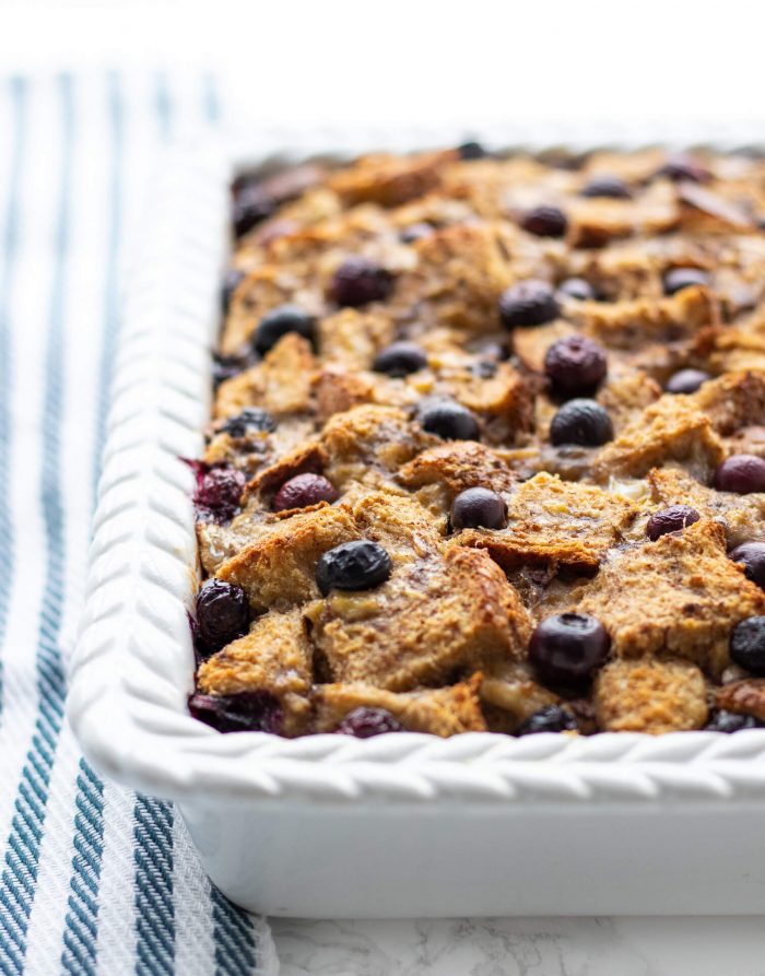 Side view of Blueberry Banana Baked French Toast Casserole
