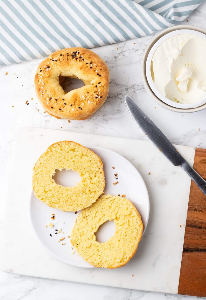Cut Low Carb Bagel on a plate