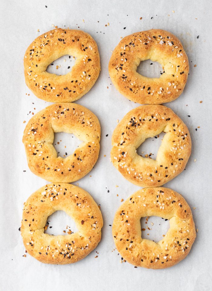 Cooked Low Carb Bagels on parchment paper