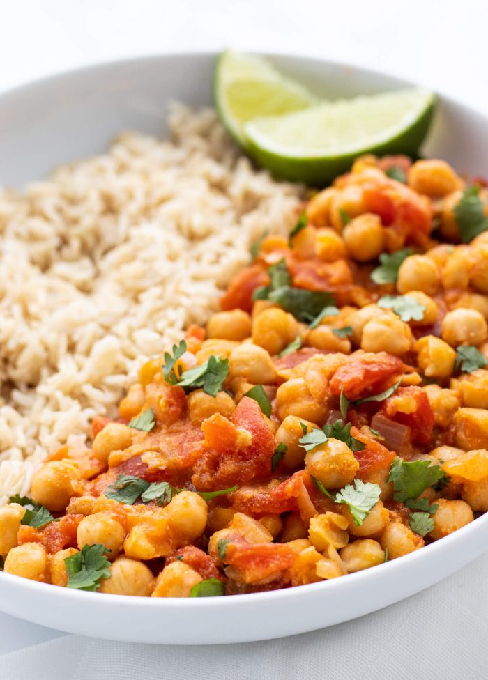 chickpea curry served with brown rice