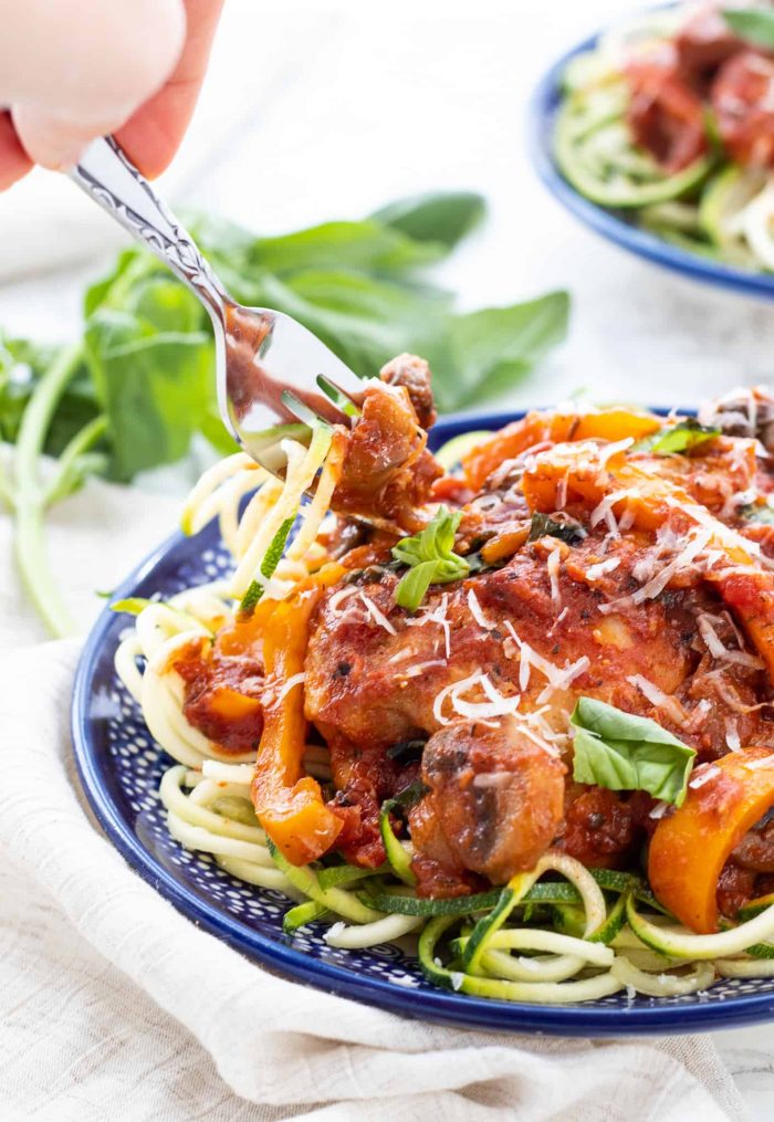 Slow cooker chicken cacciatore served with zoodles
