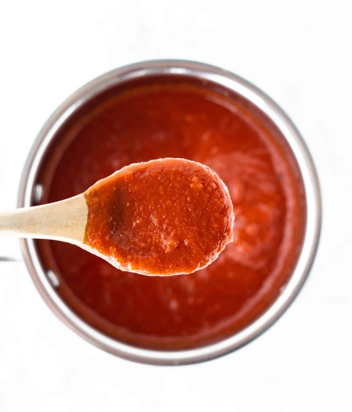 The bbq sauce in a pan