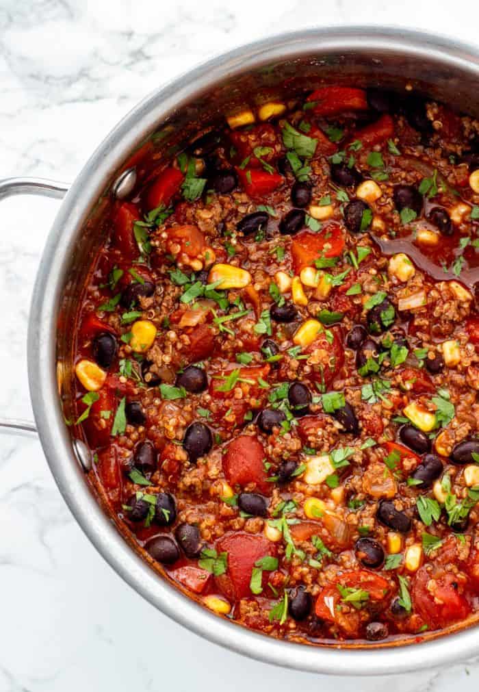 top down shot of large pot of quinoa chili