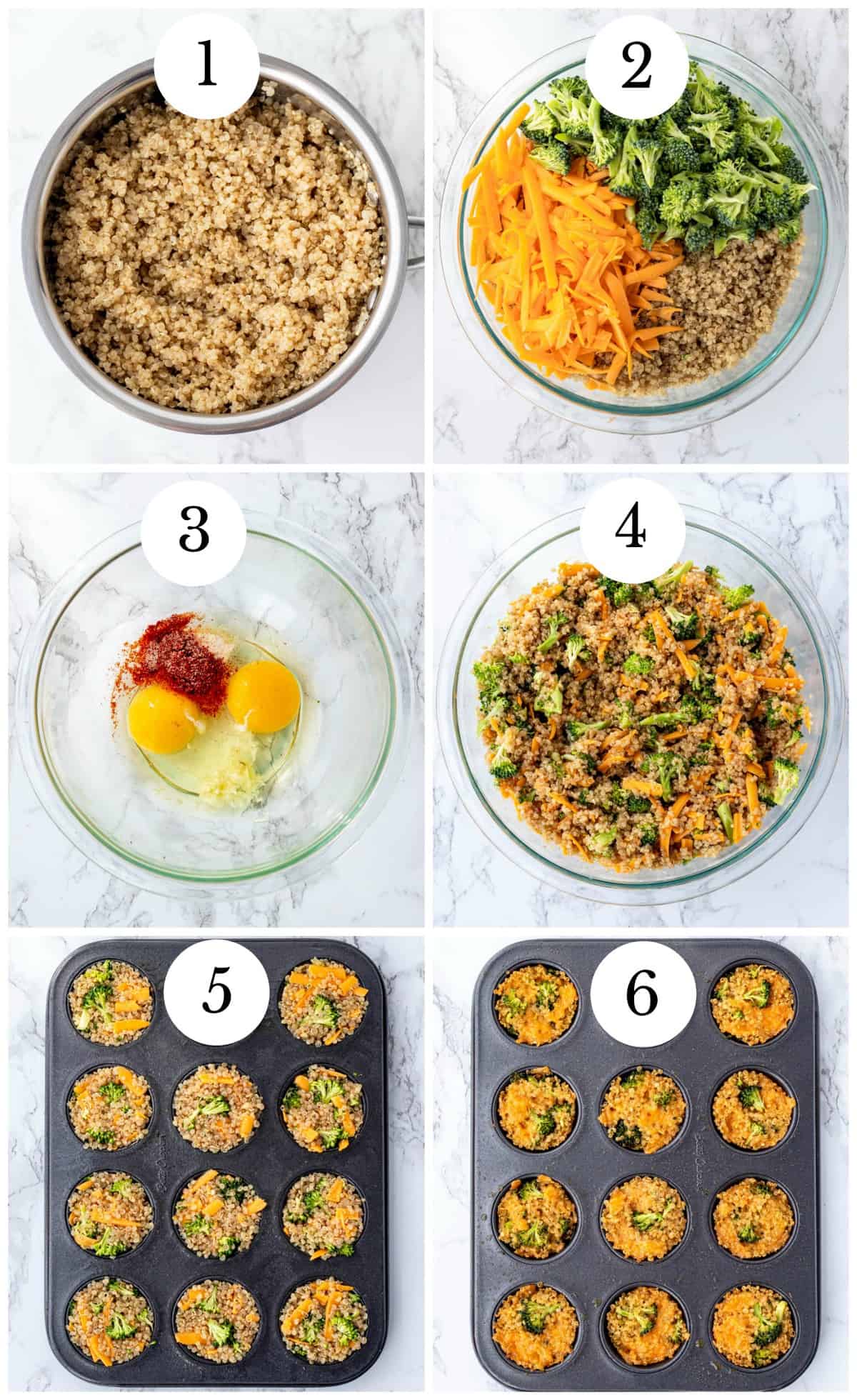 Step by step collage for making broccoli cheddar quinoa bites recipe.