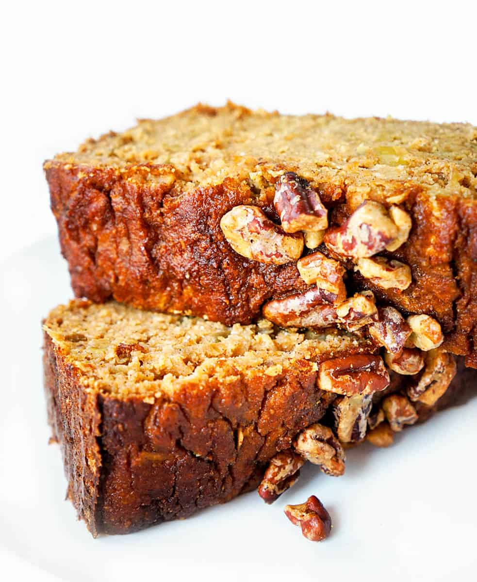 Two slices of healthy almond flour pumpkin bread stacked on top of each other.