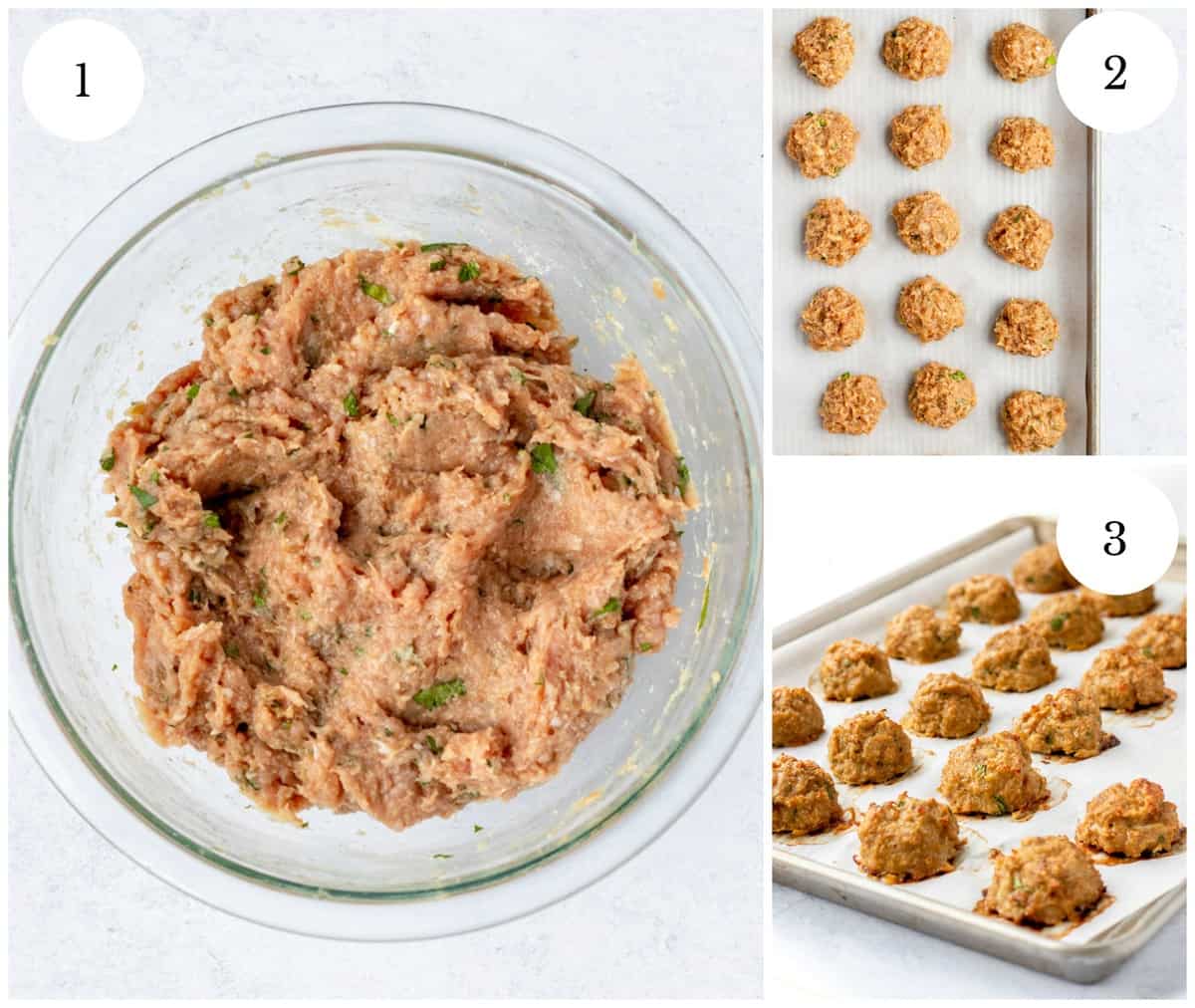 Three photos to show how to make the meatballs.