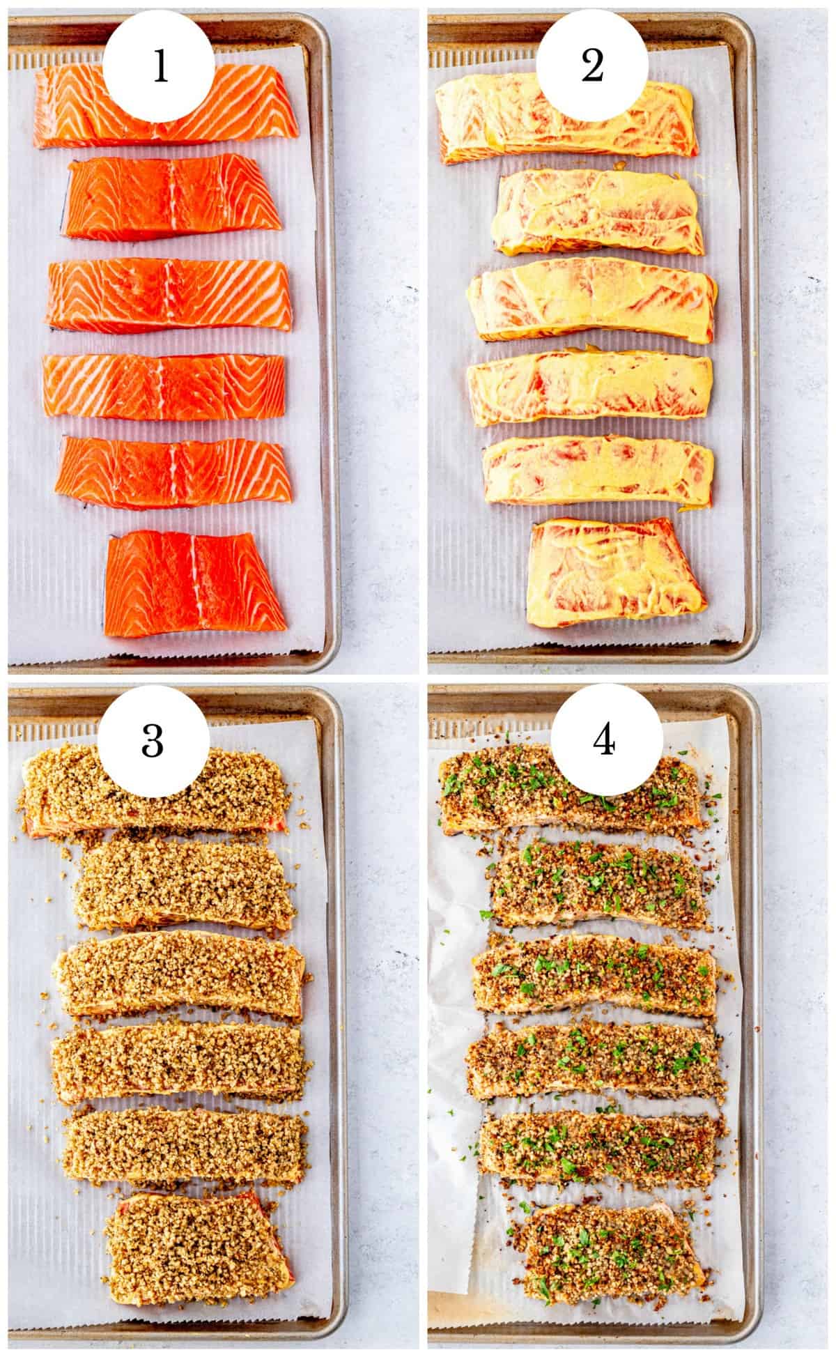 Four step by step photos to show how to make the salmon.