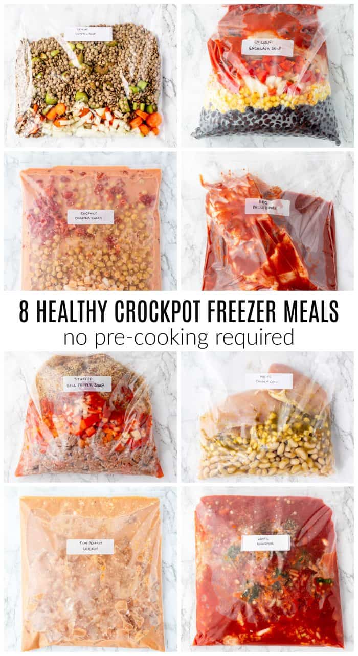 collage of all of the freezer meals in freezer bags