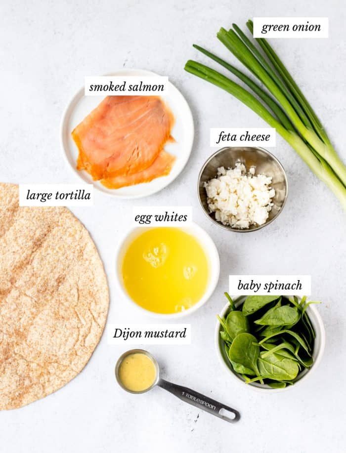 Ingredients to make the egg white wraps recipe with labels.