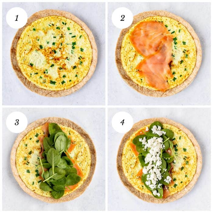 Four step by step photos to show how to assemble the egg white wraps with spinach, smoked salmon and feta..