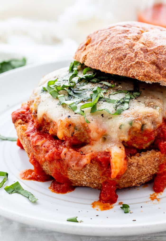 Close up of the chicken parmesan burger.
