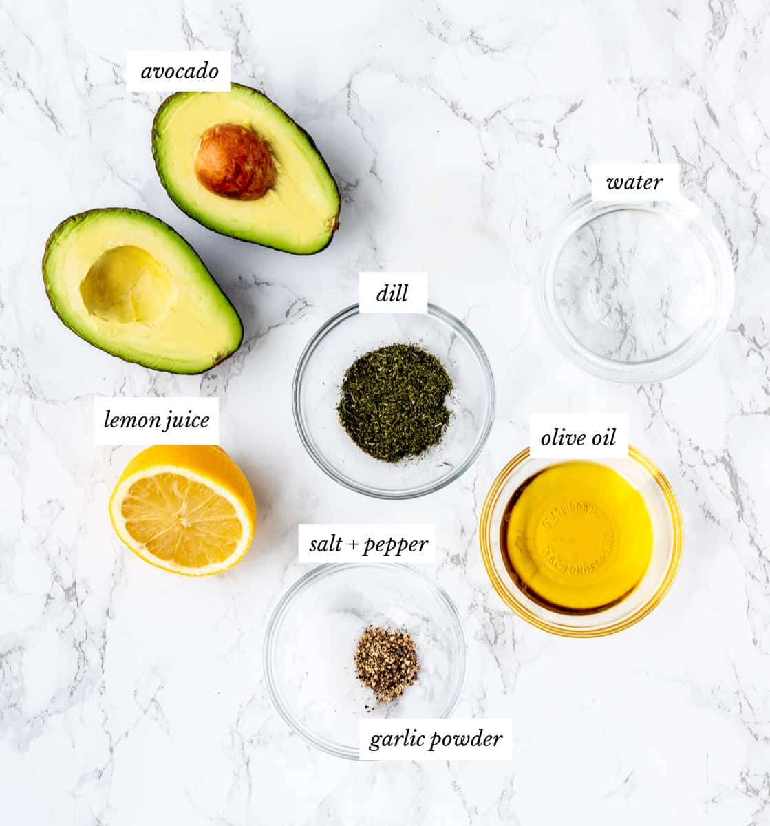 Ingredients to make the avocado crema with labels.