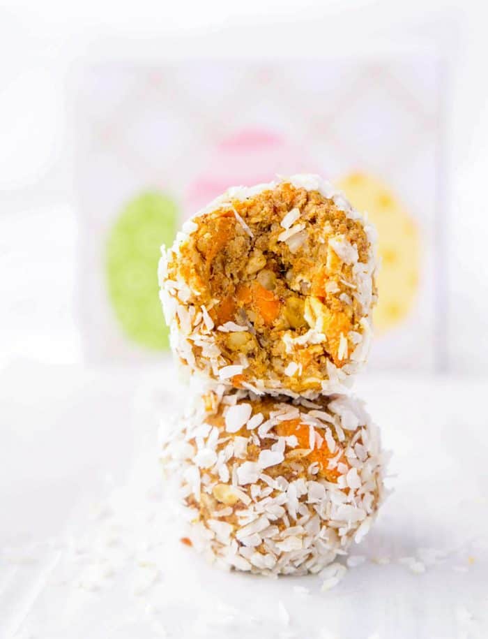 two carrot cake balls stacked on top of each other