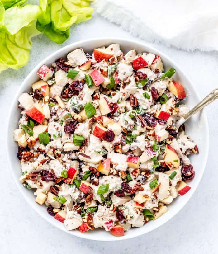 Chicken salad with pecans, cranberries and apple served in a white bowl.