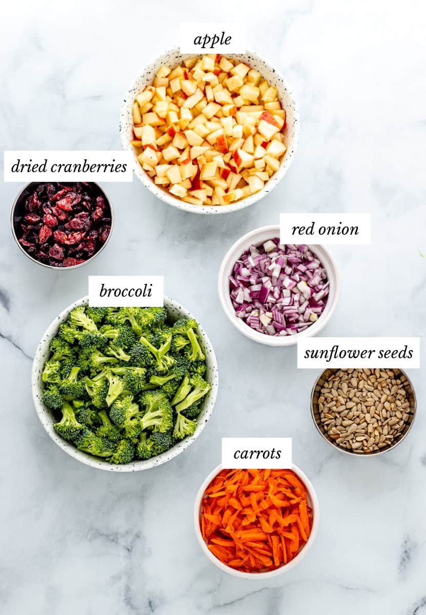 Ingredients for broccoli salad on marble background with labels