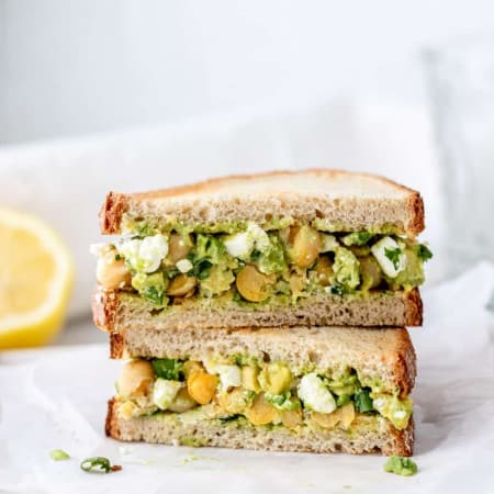 Chickpea and feta salad in between two slices of bread.