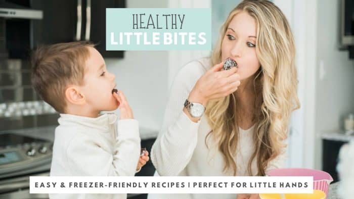Elysia and son eating with text: Healthy Little Bites, Easy and freezer-friendly recipes, perfect for little hands