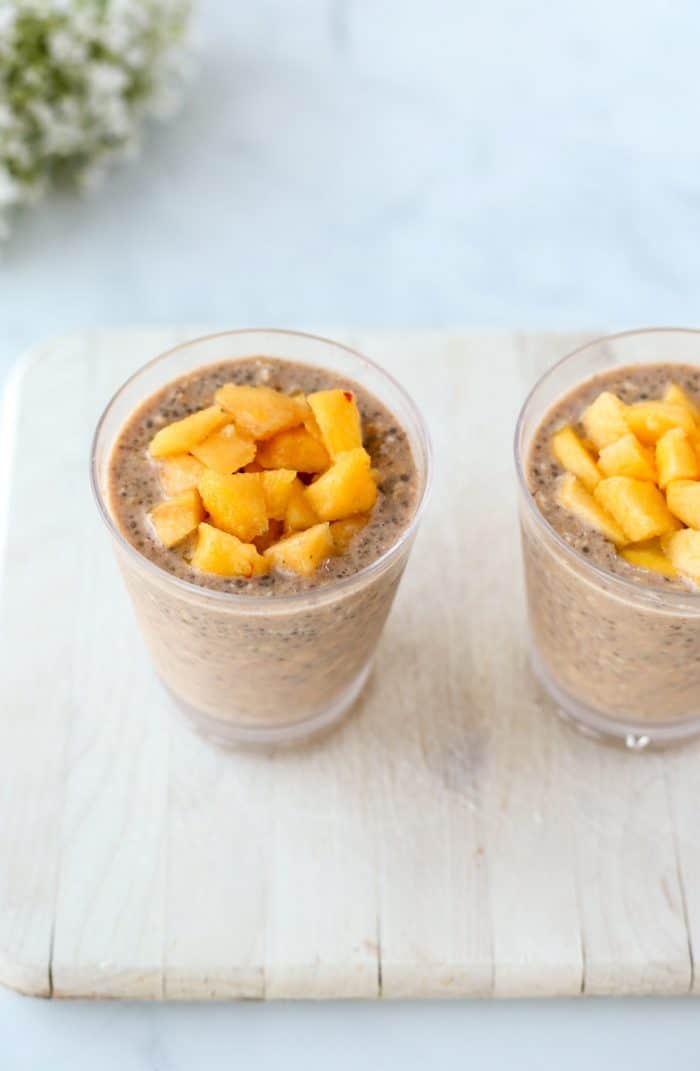 Fresh peaches on top of the overnight oats.