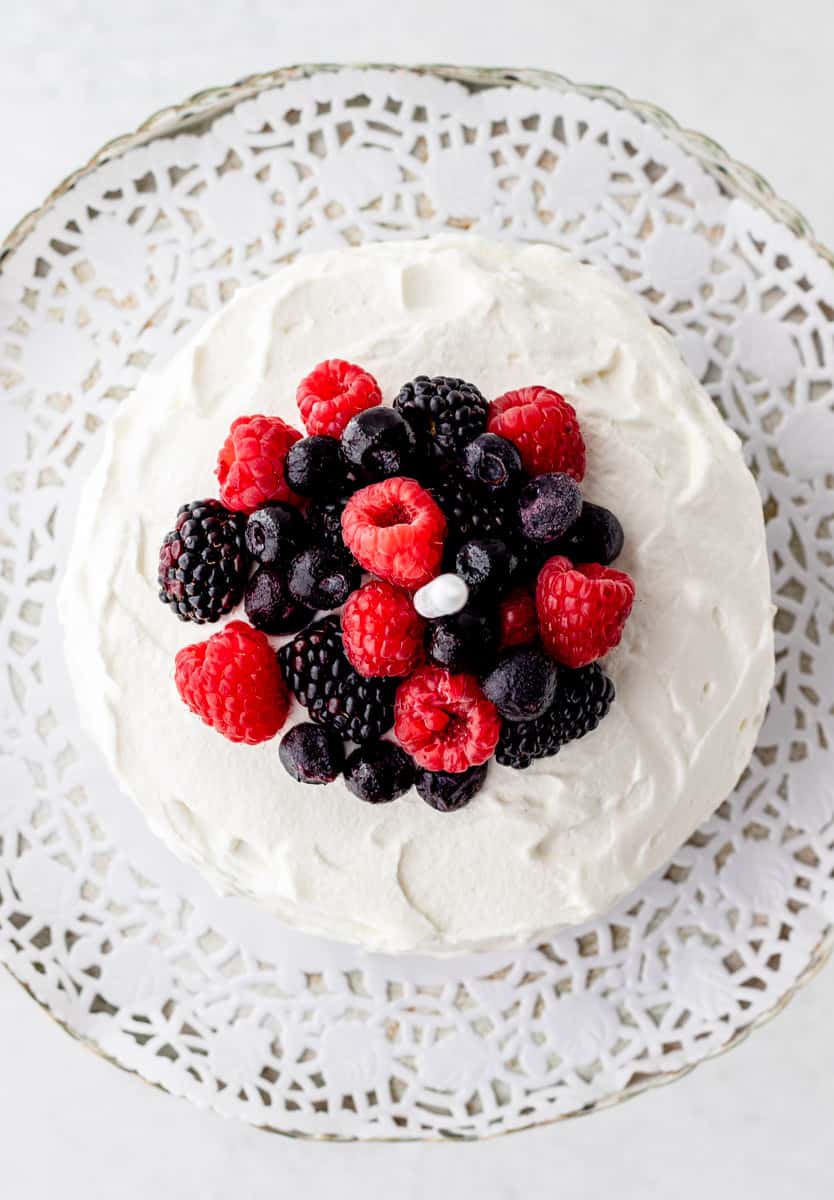 Overhead shot of fresh berries on top of the smash cake.