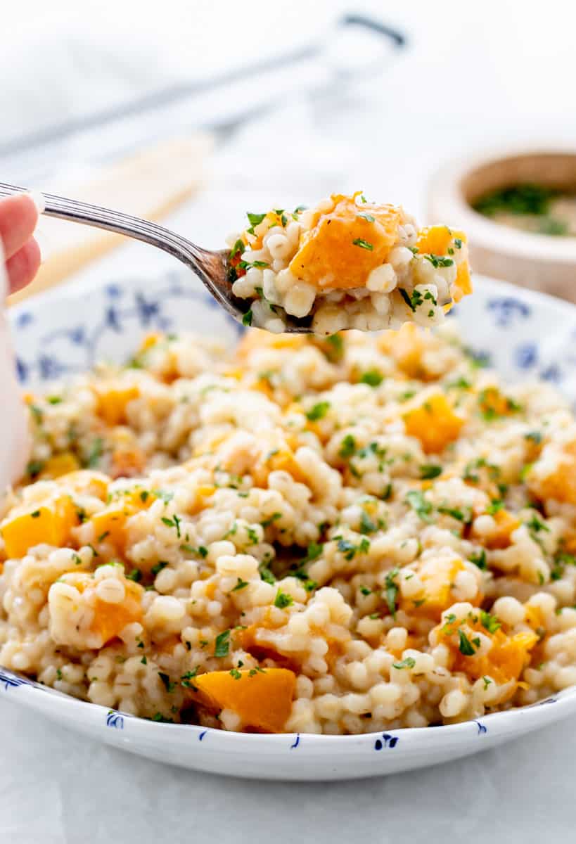 The barley risotto on a spoon.