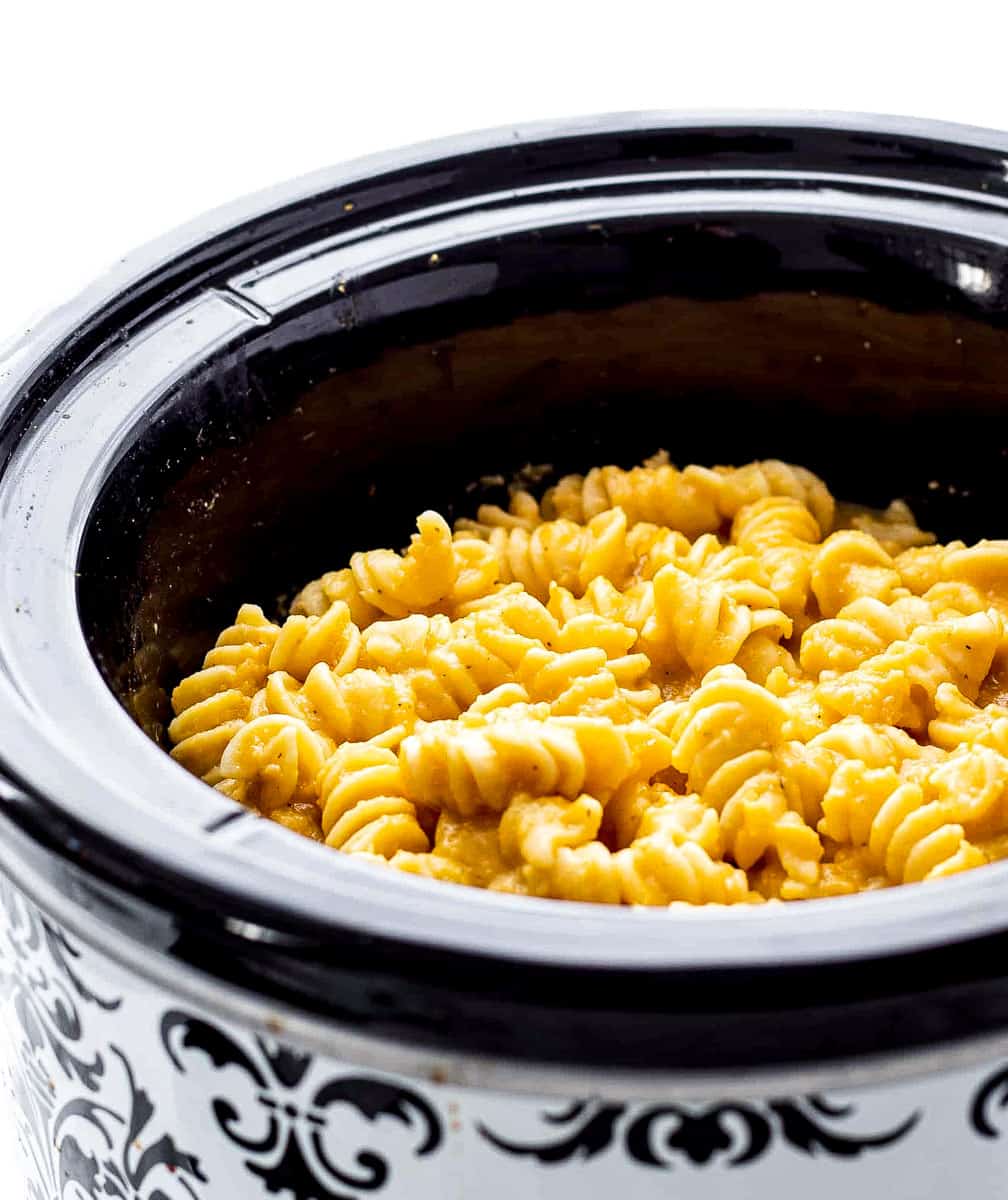 Cooked mac and cheese in the crockpot.