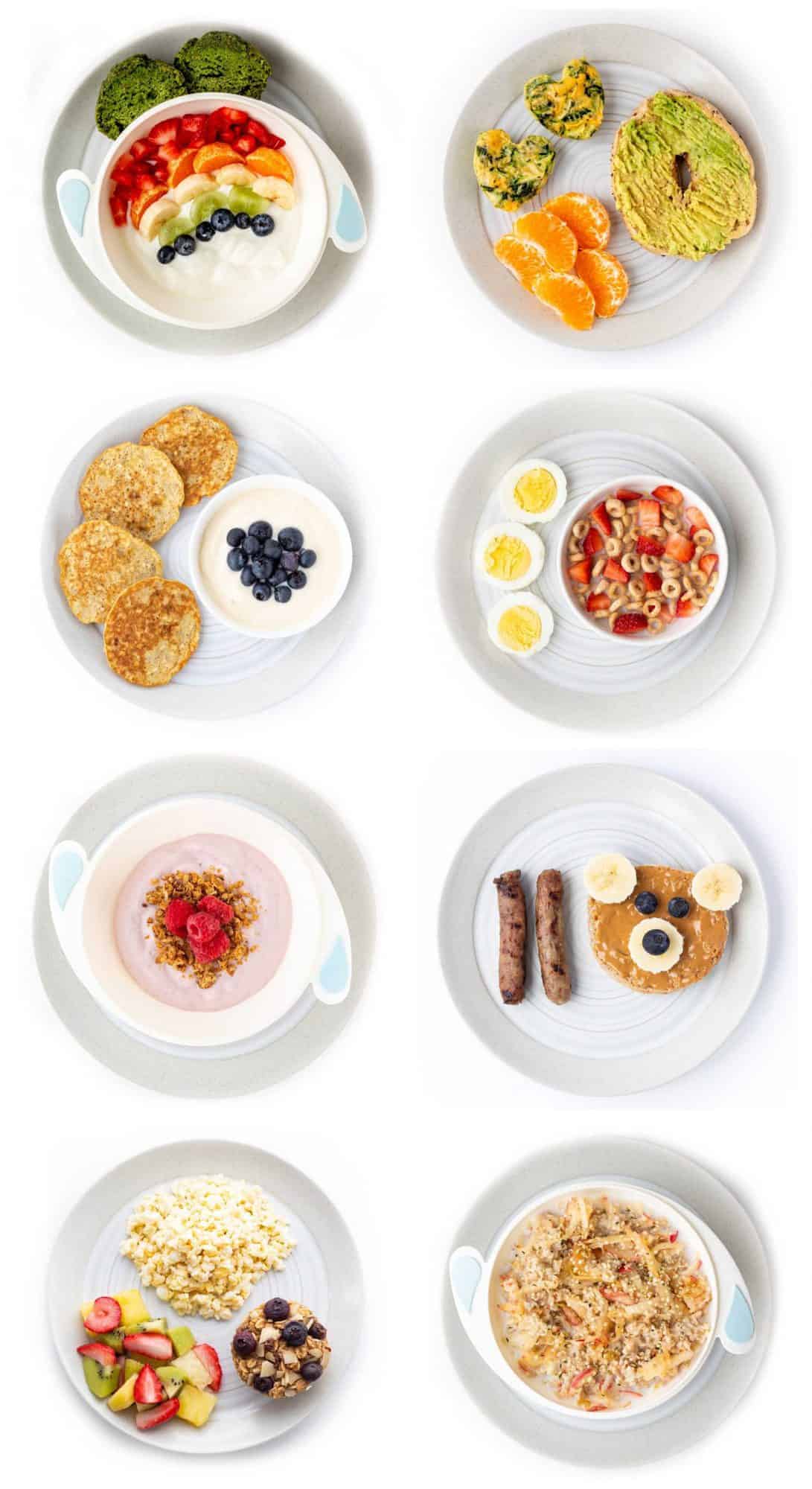Collage of 8 healthy breakfast ideas for kids on plates