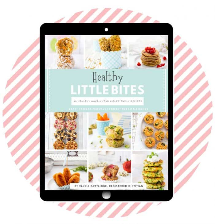 picture of book cover with healthy recipes for kids on a tablet over a pink striped circle