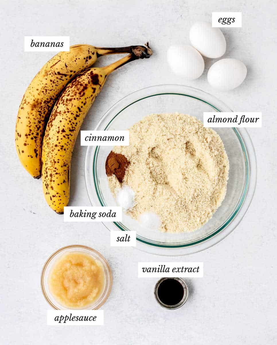 ingredients for banana smash cake recipe on white background with labels