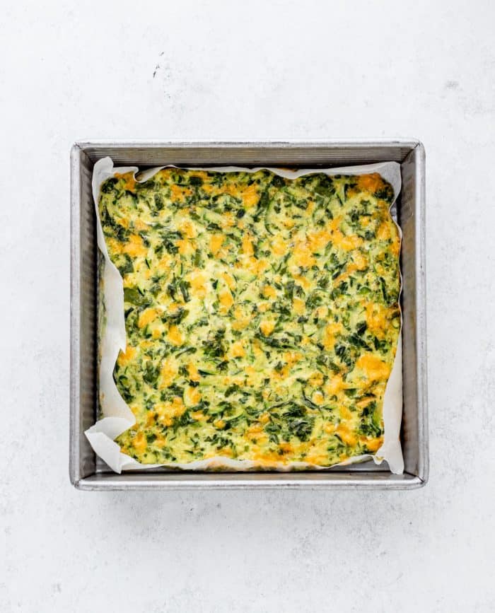 The baked frittata in a baking tin.